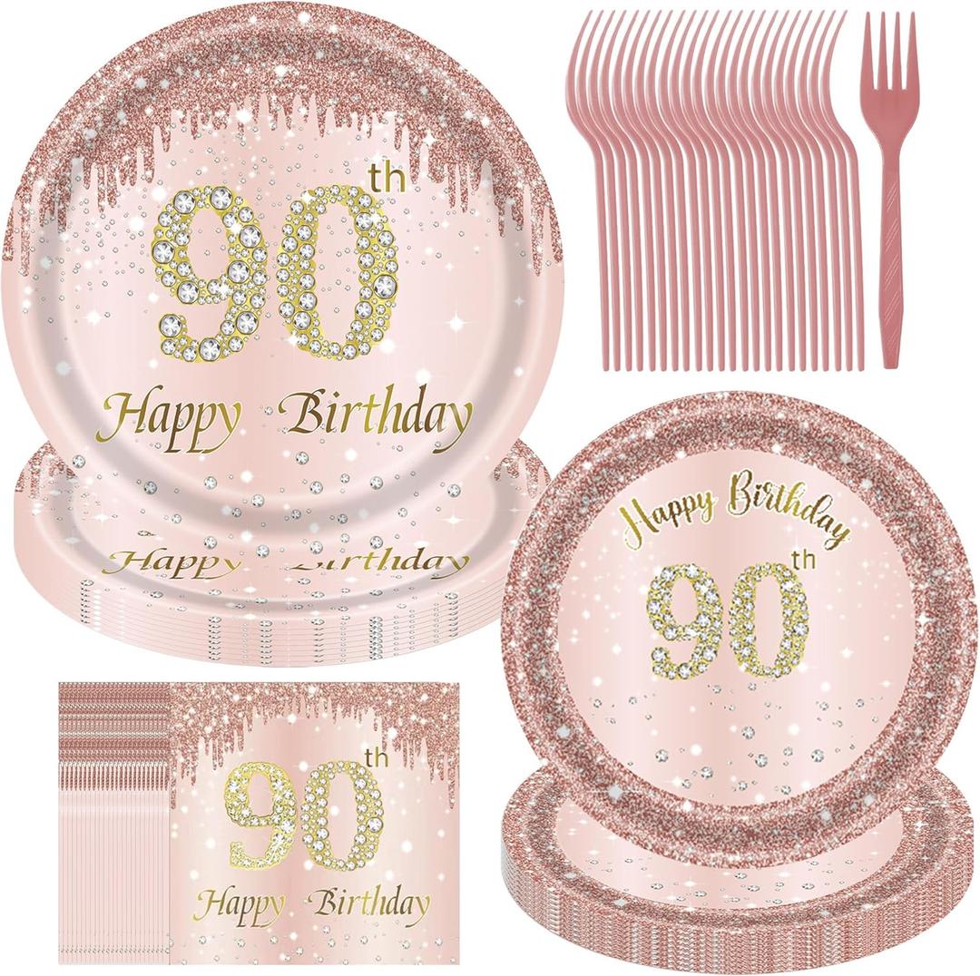 90th birthday decorations for women, Rose Gold Plates Rose Gold Birthday Decorations 96pcs Pink Paper Plates and Napkins for Girls Women 90th Birthday Party Supplies Serve 24 Guests