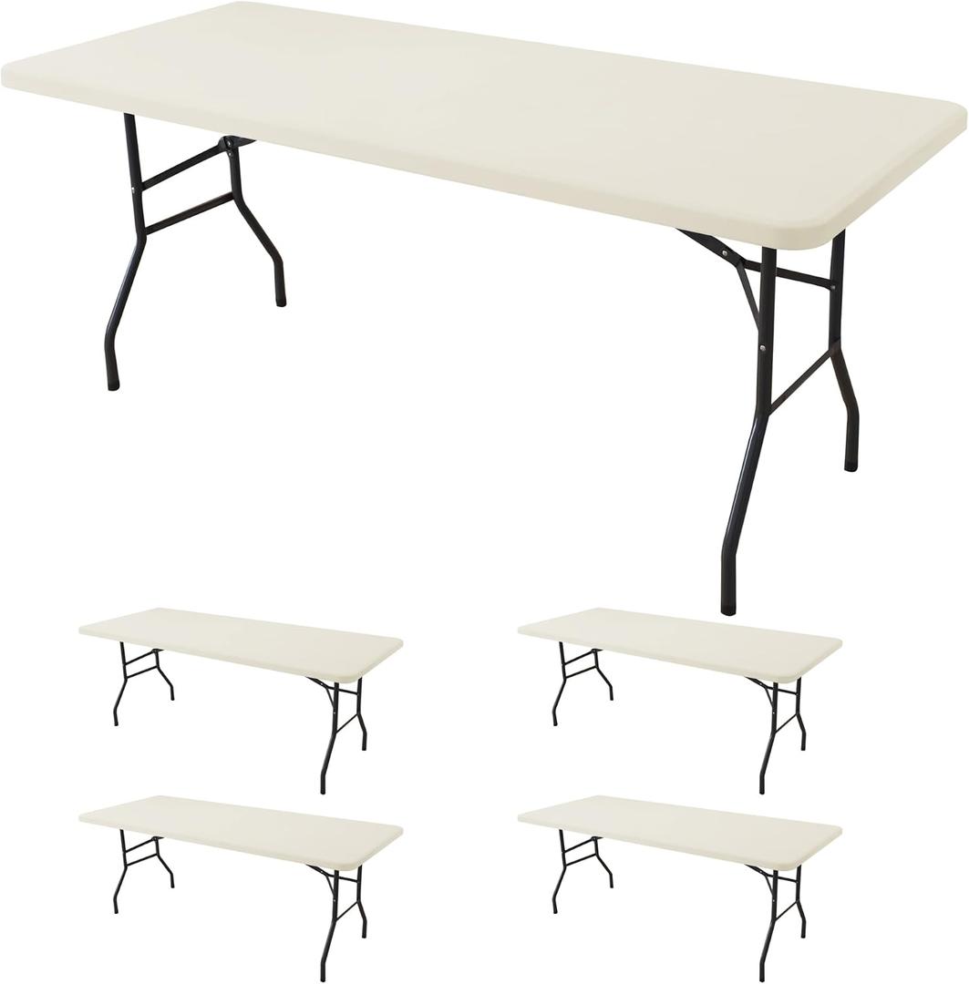 Fitted Tablecloth for 8 Foot Rectangle Tables-4 Pack Cream Elastic Outdoor Picnic Table Cover-Spandex Stretch Folding Table Cloths 8ft for Camping Dining Room Patio Kitchen Banquet Party, 30'' x 96'' | 4 Pack