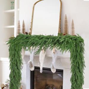 9FT Christmas Norfolk Pine Garlands Decoration, 100 Branches Real Touch Artificial Faux Green Pines Winter Garland for Fireplace Table Mantle Wall Stairs Xmas Holiday Indoor Outdoor Decor