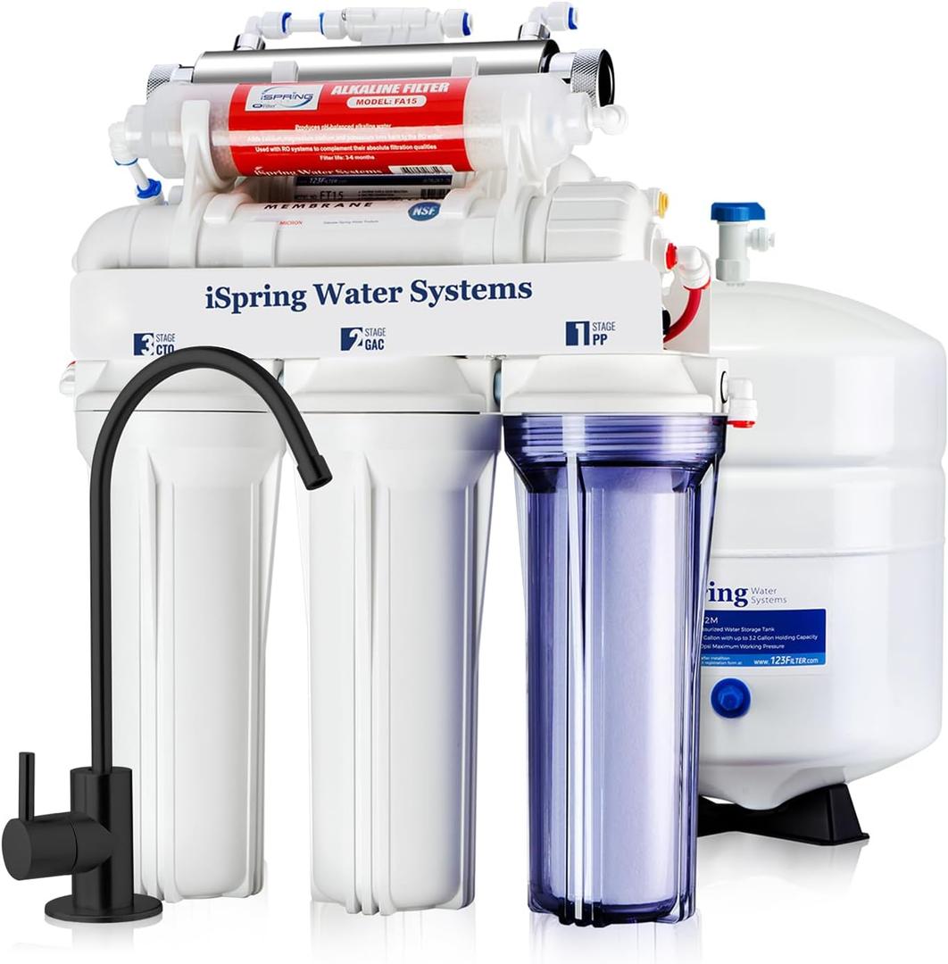 iSpring RCC7AK-UVBLK, NSF/ANSI 58 Certified, Alkaline and UV 7-Stage Reverse Osmosis Water Filter System, Clear Housing for Easy Filter Inspection, Reduces PFAS, TDS, Chlorine, Lead, pH+, Sleek Black Faucet, 7-Stage, Alkaline & UV