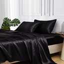 MR&HM Satin Bed Sheets, Queen Size Sheets Set, 4 Pcs Silky Bedding Set with Elastic Corner Straps and 15 Inches Deep Pocket for Mattress (Queen, Black)