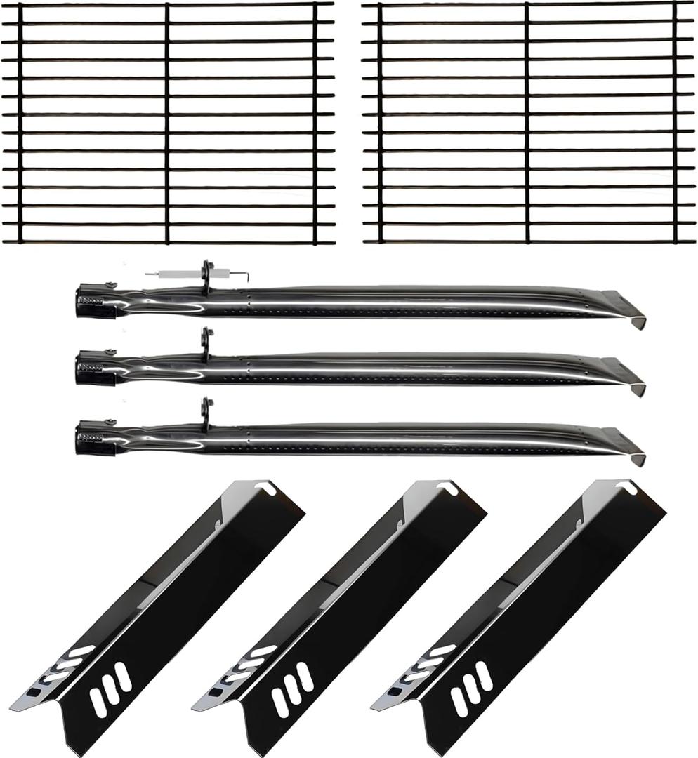Master Cook 3 Burner Grill Repair Kit - Set of Two Porcelain Coated Cooking Grid,Three Porcelain Steel Replacement Heat Plates & 3 Stainless Steel Burners for Master Cook 3 Burner Grill Model