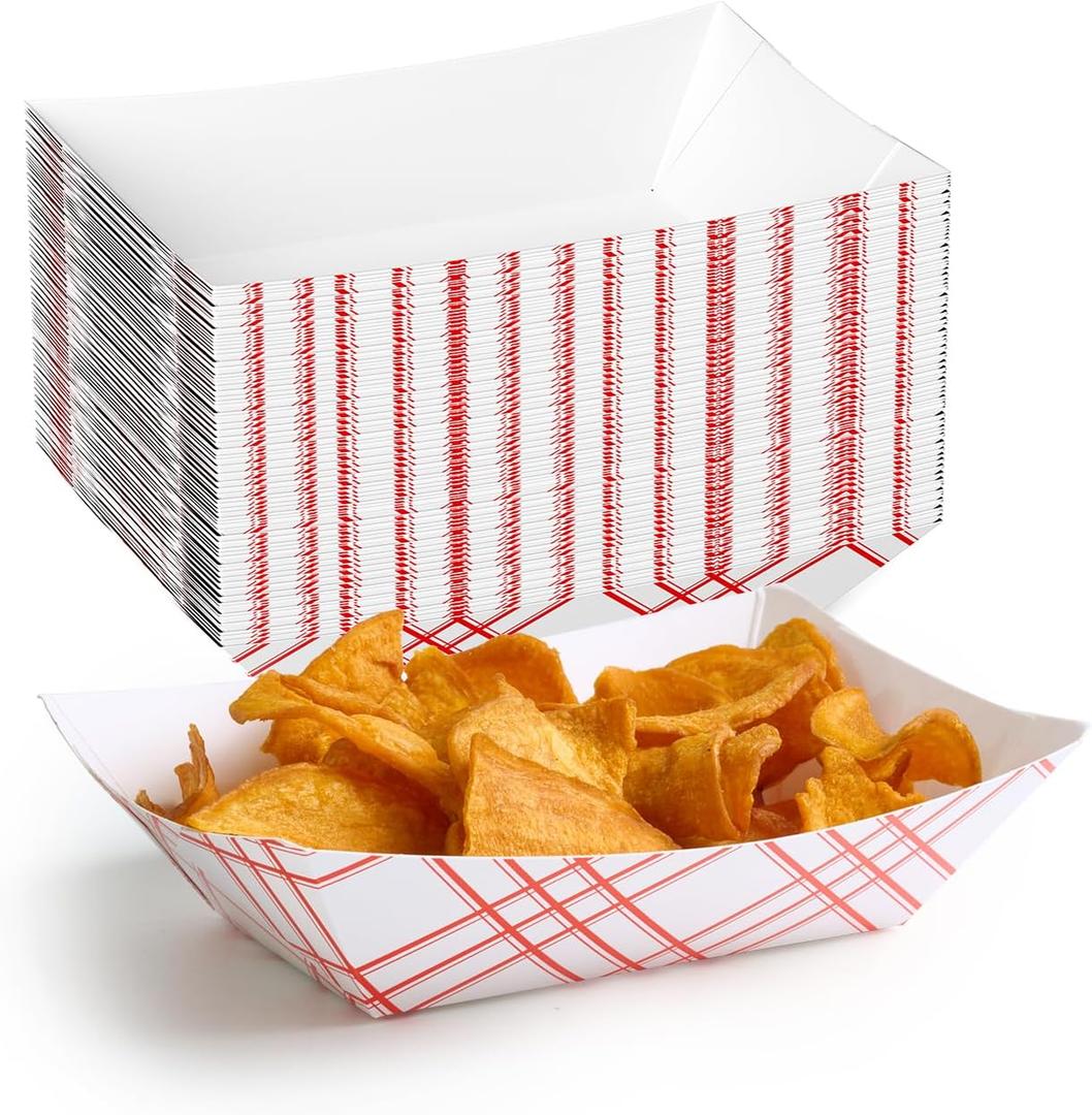 ECOLipak 100 Pack 2lb Paper Food Tray Red, Disposable Paper Food Boats, Food Holder Trays, Serving Boats for Taco Snack Nacho Hot Dog