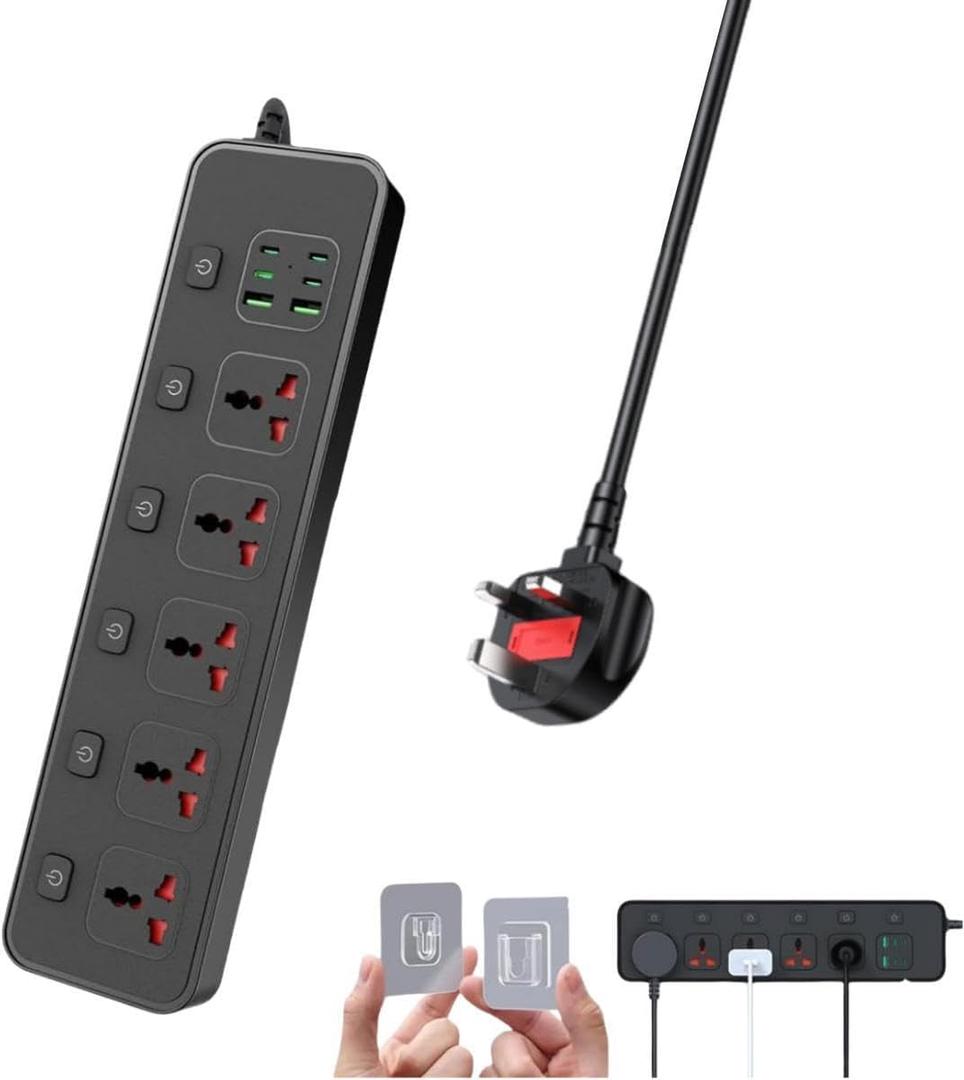 UK Plug Power Strip with Individual Swtich, Jumpso 6ft Universal Extension Cord with 5 Outlets and 2 USB 4 USB C Ports, Max 3000w, 110-240v, Multiple Outlets Plug Adapter for Office Travel