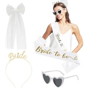 Bachelorette Party Accessories for Bride: Livresse 4-Piece Set with Short Bridal Veil, Gold Tiara, Heart Sunglasses, 'Bride To Be' Banner; Bridal Shower & Hen Party Photo Props, Wedding Gifts