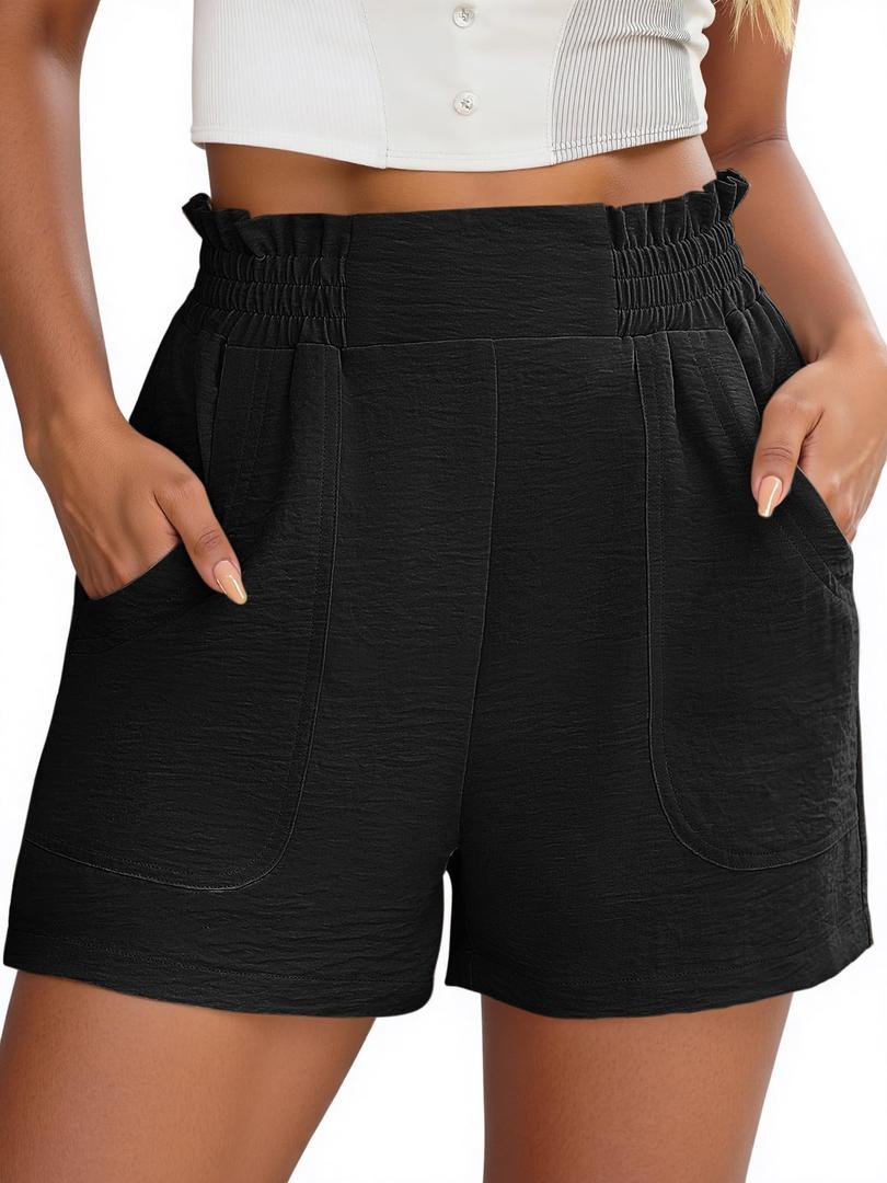 NILOINE Women's Casual High Waisted Shorts Smocked Elastic Waist Beach Shorts Flowy Loose Short Pant 2025 Summer Vacation Outfits(1-Black,Medium) (Black)