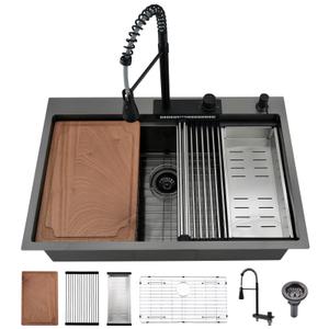 BoomHoze 33 Inch Black Drop In Waterfall Kitchen Sink Workstation