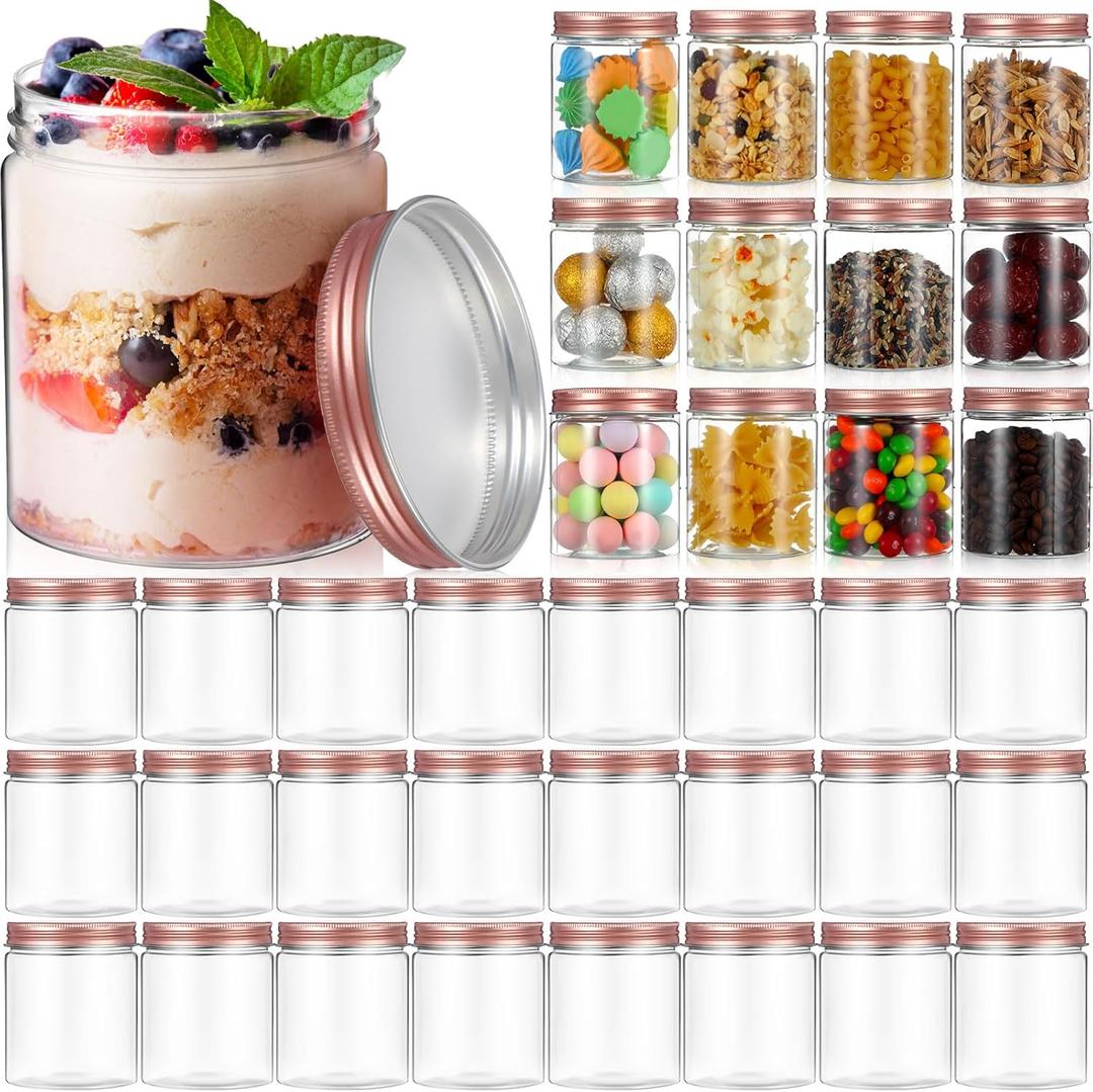 Hushee 24 Pcs 8 oz Plastic Jars with Lids Clear Round Food Jars with Rose Gold Lids Plastic Mason Jars Stackable Refillable Empty Storage Containers for Kitchen Cookie Candy Spices Dry Food Cream