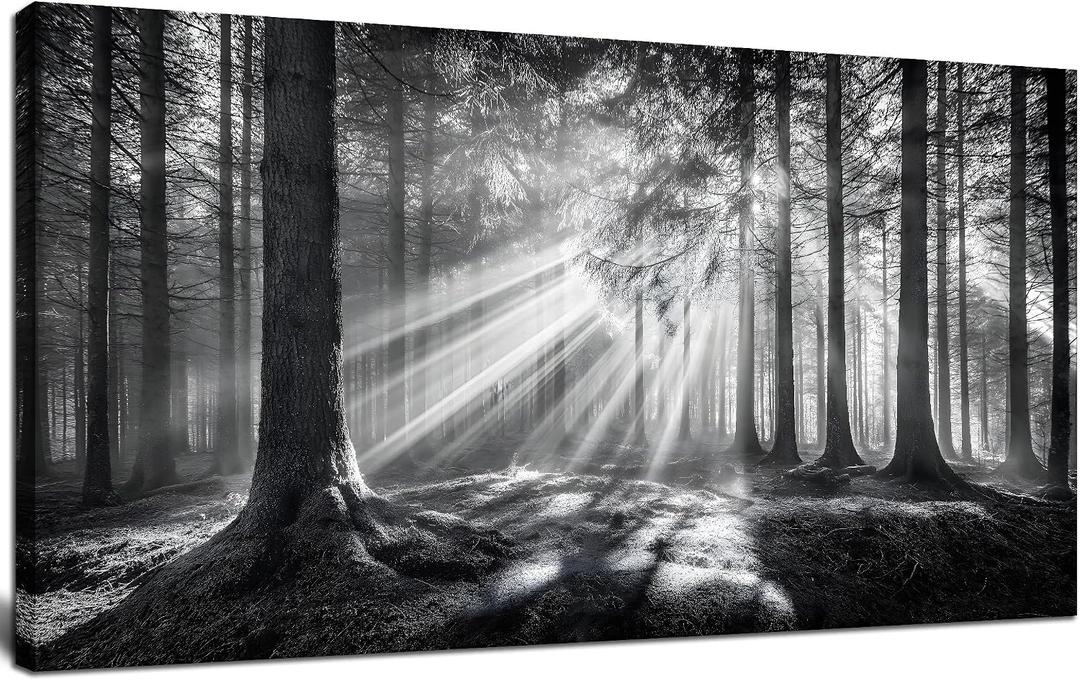 Trogonup Black and White Misty Forest Wall Art for Living Room Trees Large Nature Canvas Artwork for Bedroom Office Home Decor Ready to Hang 20"x40", 20L" x 40W"