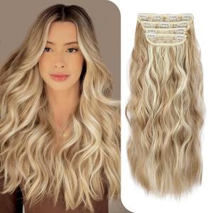 4PCS Synthetic Ash Blonde Highlighted Bleach Blonde Clip in Hair Extensions 20 Inch Long Wavy Synthetic Hair Extensions Thick and Full for Women