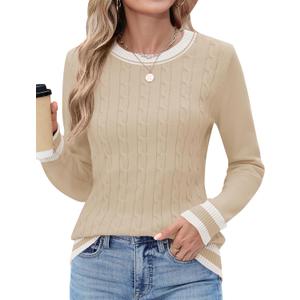 Rapbin Sweaters for Women Long Sleeve Crew Neck Ribbed Knit Pullover Tops Loose Casual Basic Winter Outfits (Small, A_apricot White Stripe)