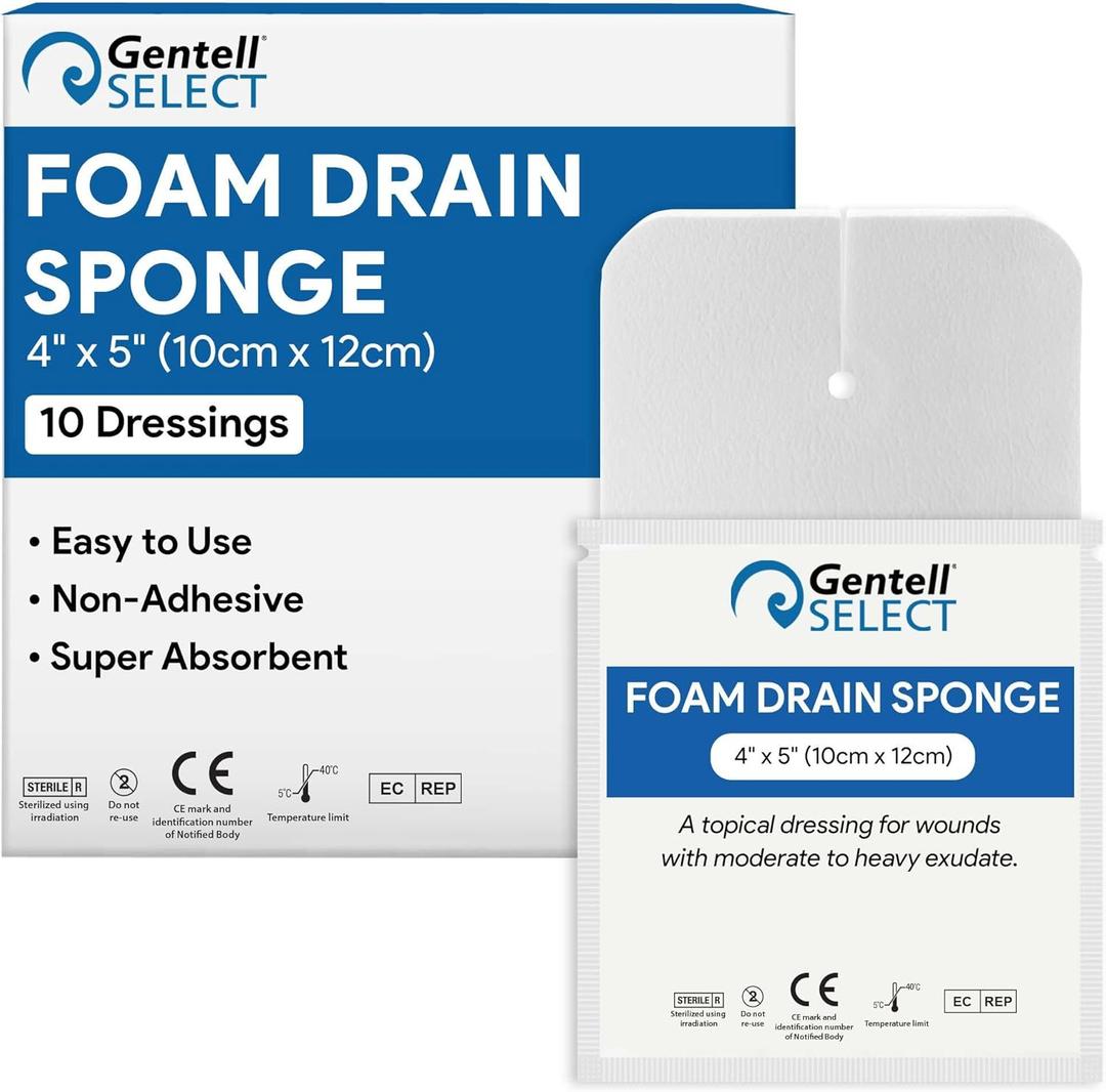 Foam Drain Sponges 4x5-10 Sterile Non Bordered Pads - Non Adhesive and Highly Absorbent Split Sponges for Drainage - Good for IVs, G Tubes, and Tracheostomy Supplies