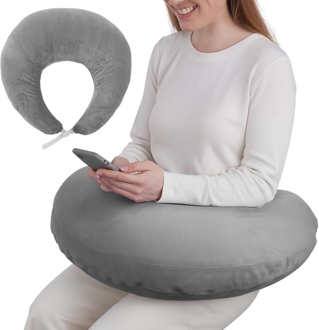 Gray U-Shaped Reading Pillow, 23.6 x 21.7 in Lap Support Pillow with Adjustable Strap, Crescent Design, PP Cotton Filling, Reading, Gaming, Arm, Back Support