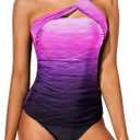 Tempt Me Two Piece Tankini Bathing Suits for Women One Shoulder Swim Top with Bottom Swimsuits (Large, Purple Gradient)