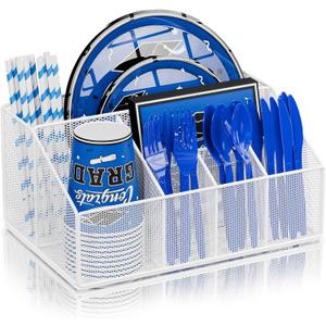 Metal Paper Plate Dispenser Holders, Disposable Paper Plate Utensils Holder for Party, Napkin Cups-Silverware Cutlery Holder Caddy for Kitchen Counter, White