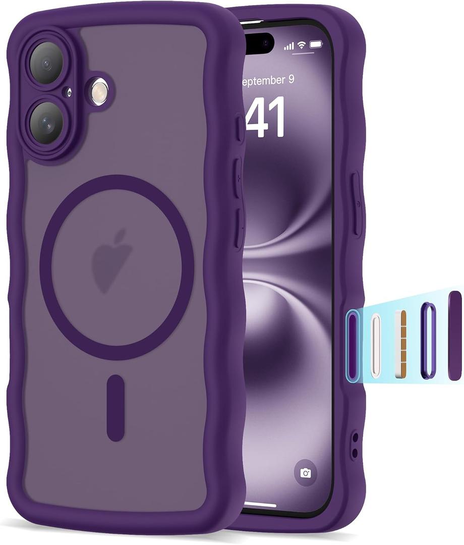 Compatible with iPhone 16 Case 6.1" 2024, Cute Kawaii Curly Wave Frame Shape Shockproof Translucent Matte Protective Magnetic 16 Phone Case for Women Girls, Purple