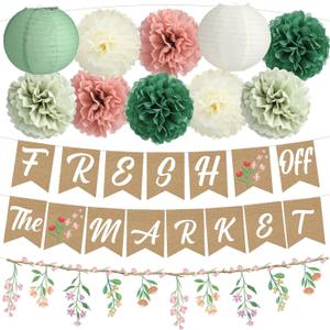 Mooliwe 14 Pcs Bridal Shower Decorations Sage Green Bachelorette Party Decorations Fresh off the Market Banner Wildflower Garland Paper Lanterns for Wedding Bachelorette Engagement Party Supplies
