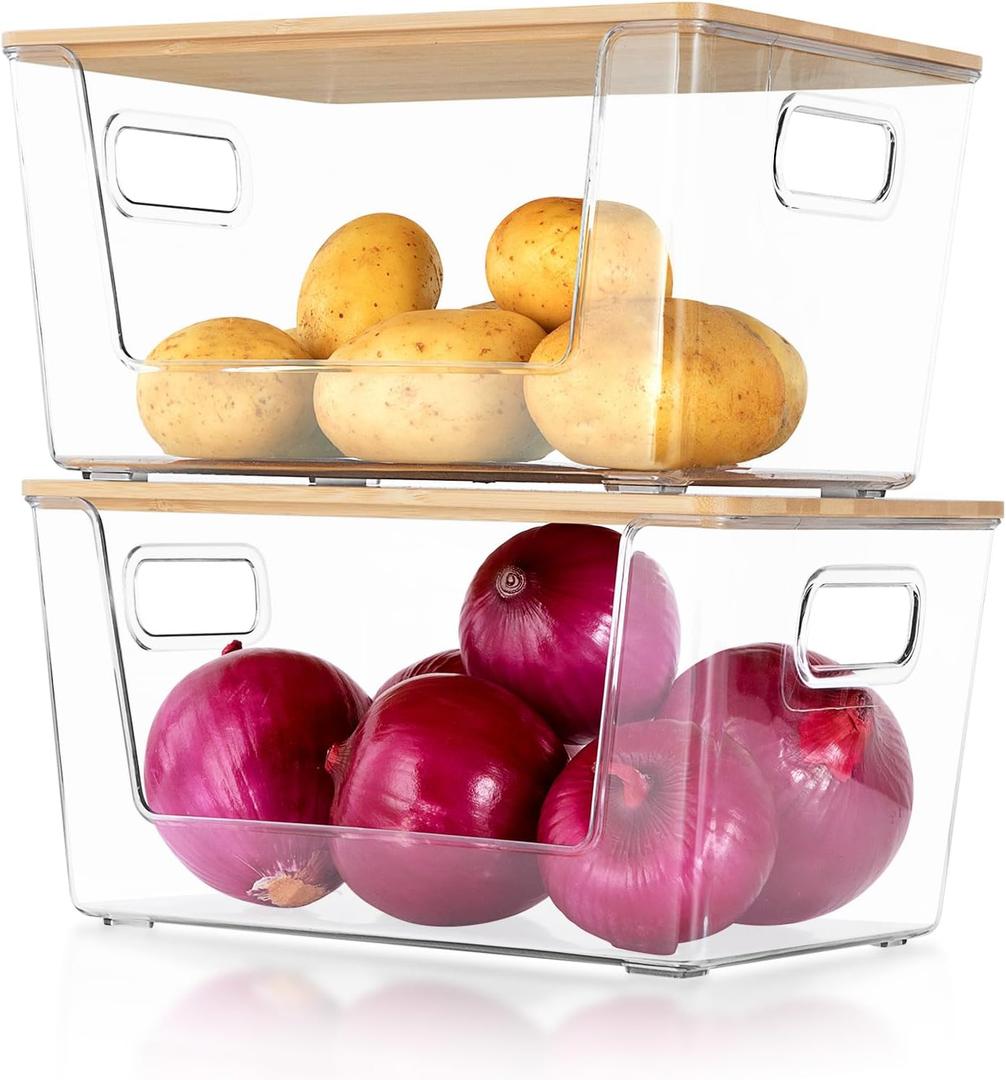 2 Set Pantry Organizer and Storage, Stackable Trash Bag Dispenser Clear Acrylic Kitchen Counter Pantry Baskets for Potato, Onion, Produce, Fruit, Vegetable, Snack, Trash Bag Holder with Bamboo Lid