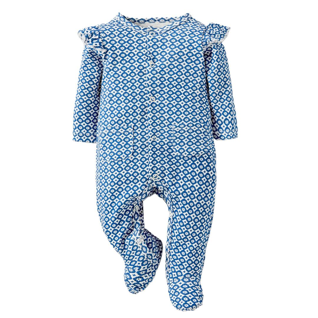 Minicoco Baby Girls Ruffled Sleeve Footed Romper - 100% Cotton Snap Closure Jumpsuit with Small Pocket