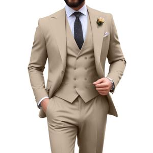 HUEZOE Mens Tuxedo Suit Champagne 3 Piece Slim Fit Jacket Double Breasted Vest Pants Set Formal Wedding Prom Suit Large