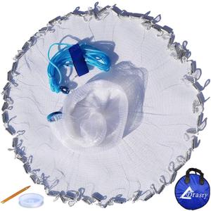 Drasry Saltwater American Fishing Cast Net 3/8inch Mesh Size for Bait Shrimp Trap Fish Heavy Duty Sinkers Throw Net 3FT/4FT/5FT/6FT/7FT/8FT/9FT/10FT Radius (White)