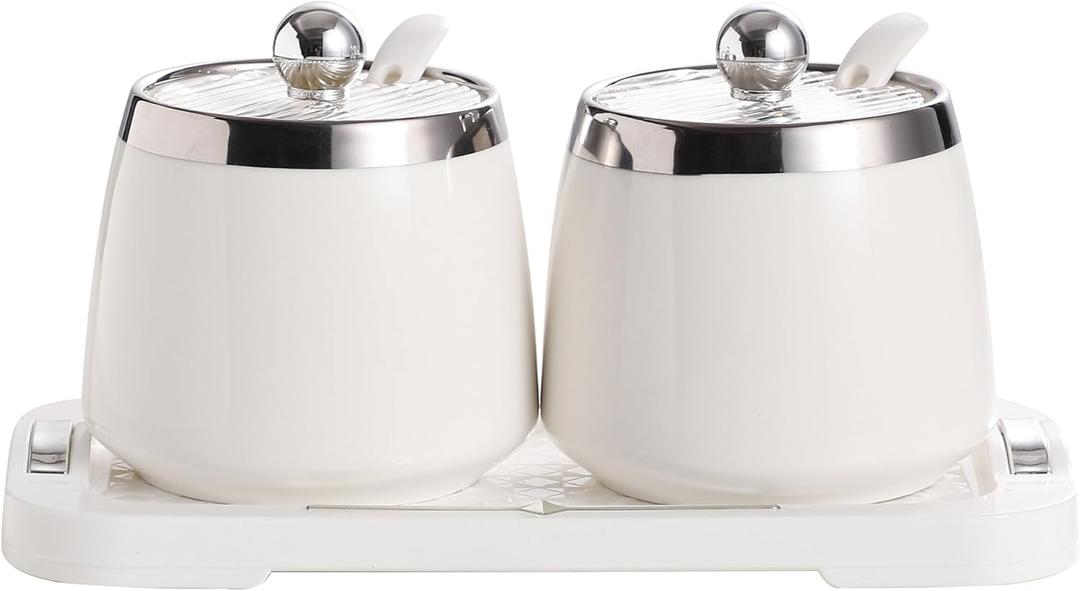 shuqiao Porcelain Condiment Jar Spice Container with Lid - Ceramic Spoon, Plastic Tray is the best clay pot for your home, kitchen, counter. White, 280 ml (9.4 oz), 2-piece set (3, Square)