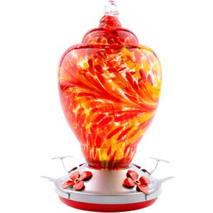 WOSIBO Hummingbird Feeder for Outdoors Patio Large 32 Ounces Colorful Hand Blown Glass Hummingbird Feeder with Ant Moat Hanging Hook, Rope, Brush and Service Card (RED)