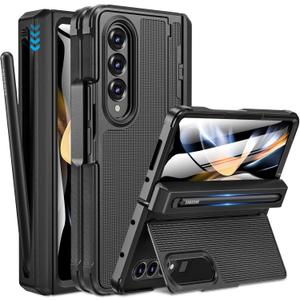 Caka for Samsung Galaxy Z Fold 4 Case [Thinner S Pen Holder] [Hidden Kickstand] [Hinge Protection] [Screen Protector] Full Body Hard Shockproof Phone Cover with Anti-Slip Textured for Fold4 - Black
