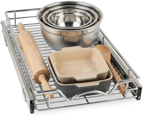 HOLD N' STORAGE Pull Out Cabinet Organizer, Heavy Duty, 11”W x 17”D-Requires At Least 12-1/4” Cabinet Opening, Steel Metal Cabinet Drawers Slide Out, Chrome Finish