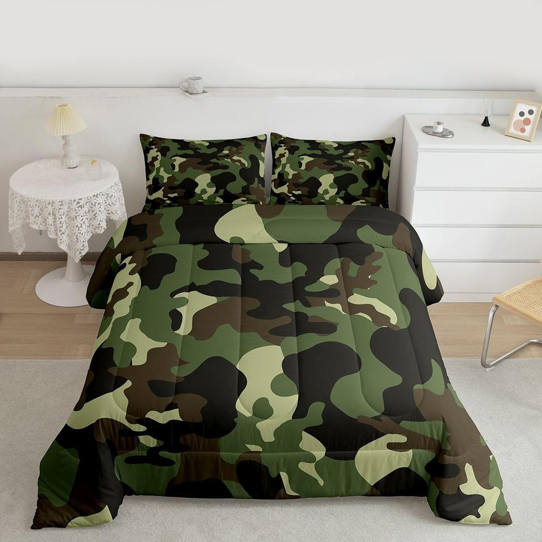 Feelyou Kids Camo Comforter Set Boys Army Camouflage Lightweight Bedding Set for Girls Teens Youth Man Colorful Pattern Art Decor Comforter Brown Green Quilt Set with 2 Pillowcases 3Pcs Bedding Queen (Multi 19)