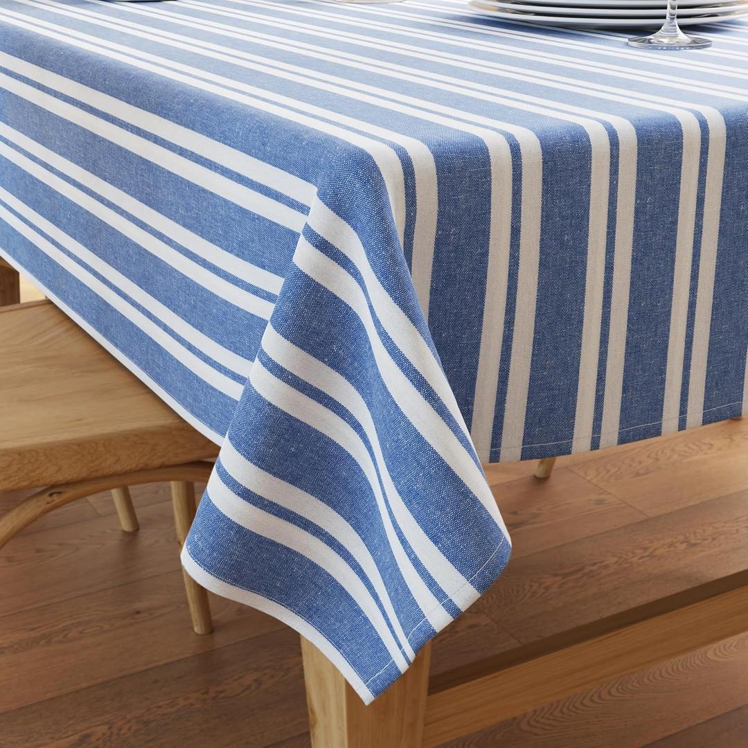 Encasa XO Cotton Rectangular Table Cloth for 10 ft | (56"x120") | Franca Blue Stripes | Dining Tablecloth for Decoration (120" x 56" (Rectangular))