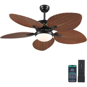 Wiviniya 52 Inch Tropical Ceiling Fans with Lights, Palm Leaf Outdoor Ceiling Fan with Light for Patios Porch Bedroom, Remote/APP Control, Reversible Quiet DC Motor, Dimmable LED, Light Brown