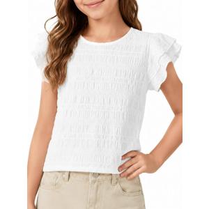 Girls Ruffle Shirt Cute Summer Smocked Cap Sleeve Tops Basic Casual Tees White 9-10 Years (White)