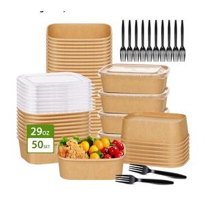 DI QIU REN 50-Pack 29oz Disposable Kraft Paper Bowls【with Lids and Forks】,Meal Prep Containers Disposable To go Food Containers Christmas Take Out Containers, Microwave Safe for Hot/Cold Food