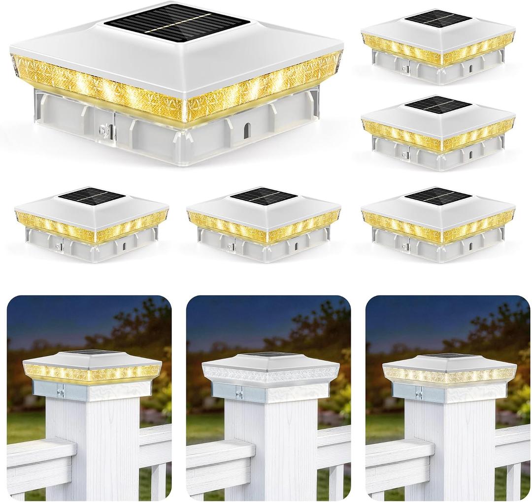 Solar Post Cap Lights 6 Packs for 4x4 Wooden/Vinyl Posts, IP65 Waterproof Fence Post Solar Lights with Warm/Cool/Neutral Lighting, Outdoor Post Lights for Garden, Patio, Porch- White