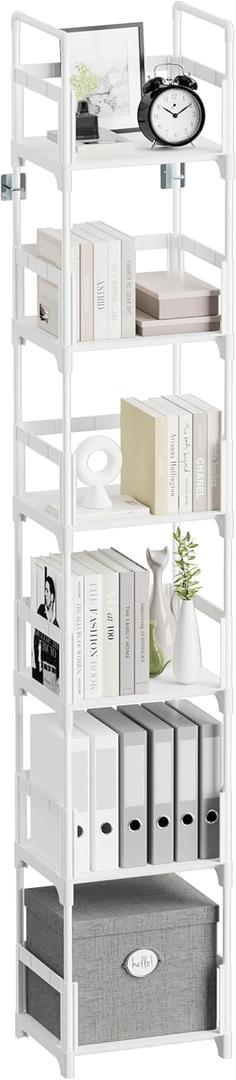 FIDUCIAL HOME 6 Tiers Tall Narrow Bookshelf Book Shelf Skinny White Bookcase Thin Slim Book Rack Storage Organizer Easy Assemble, Sturdy