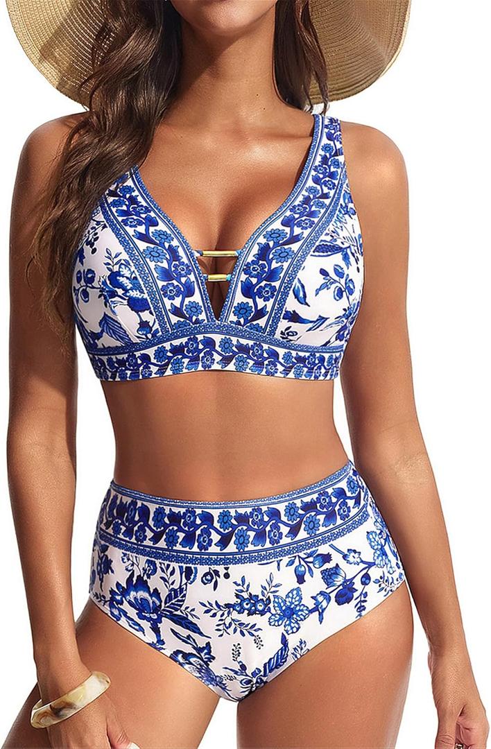 Hanna Nikole Womens High Waisted Bikini Sets Floral Print, 2 Piece Swimsuits Cutout, V Neck Bathing Suits Sexy Swimwear, Medium