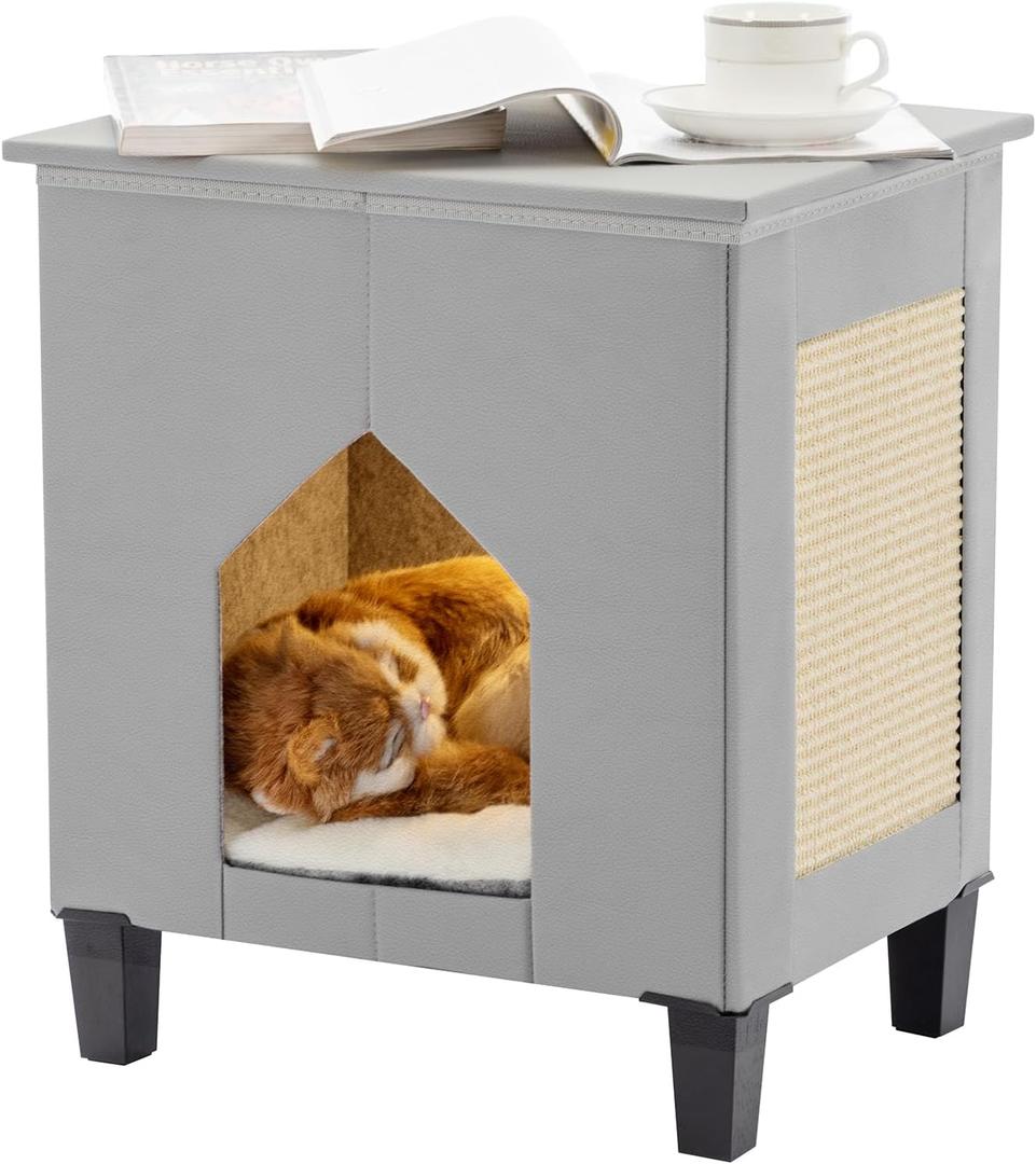 Cat House for Indoor Cats Condo,Cat Furniture with Large Area Scratch PadLeather Cat Bed Side Table & Nightstand for Living Room and Bedroom Decoration,Grey