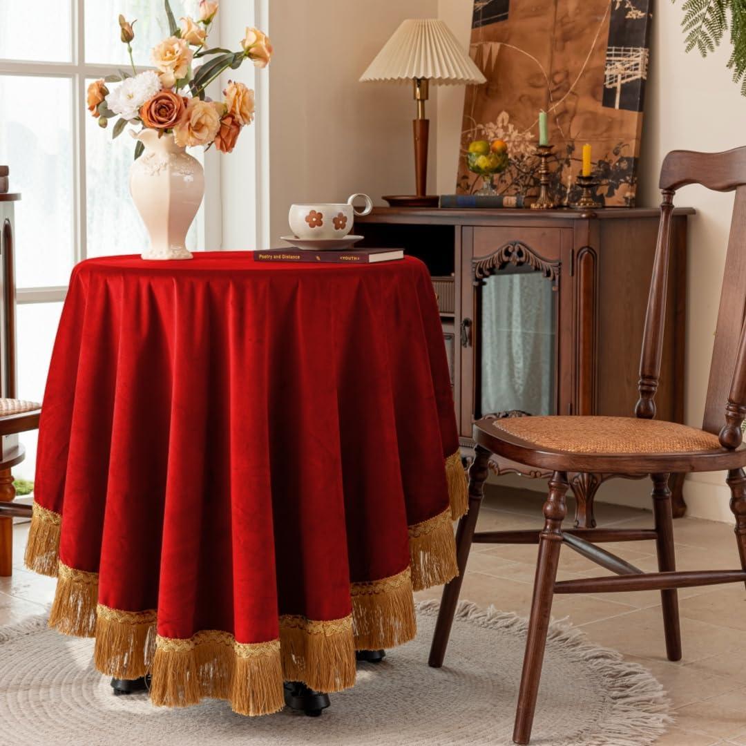 F-CHU Red 60 Inch Round Tablecloth Thickset Velvet Tablecloth with Beautiful Gold Tassels Vintage Table Cloth for Home Decor Wedding, Party, Banquet and Events 60" Round