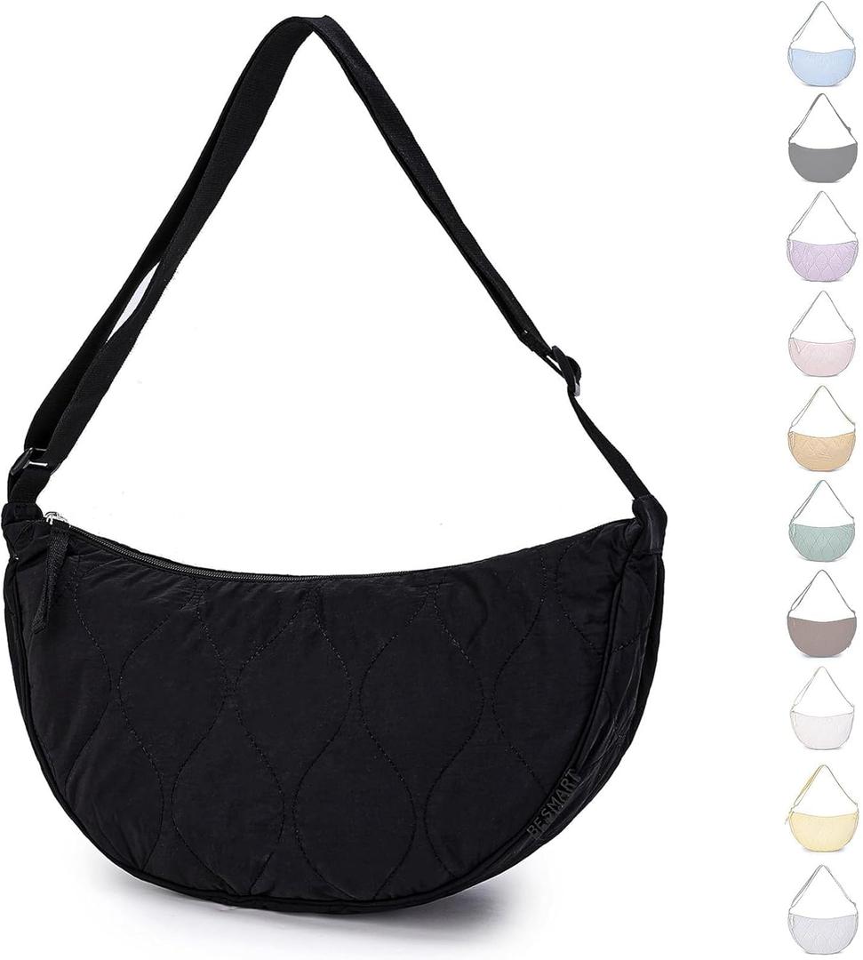 BESMART Small Nylon Crescent Crossbody Bag for Women Men Trendy, Waterproof Crescent Sling, Lightweight Travel Purses (Large, Black Quilted)