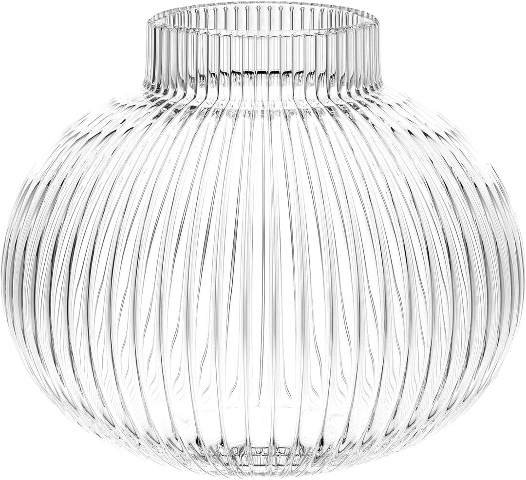 Round Glass Vase, Flower Vases for Bouquet, Ribbed Glass Vases for Flowers, Small Clear Vase for Living Room, Office, Coffee Table, Shelf, Wedding, 6 Inches