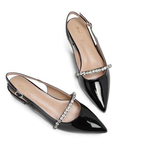 Elisabet Tang Women Slingback Flats with Rhinestone Pointed Toe Flats for Women Dressy Shoes Black Patent 9