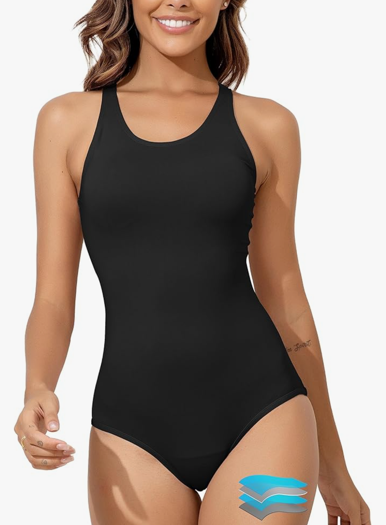 Beautikini Period Swimwear Women's One Piece Leak Proof Menstrual Bathing Suit Racerback Training Swimsuit for Teens Girls Black S
