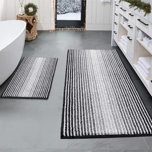 BSICPRO Bathroom Rugs and Mats Sets, 2 Piece Thick Absorbent Chenille Bath Mat Rug Set Non Slip, Soft Shaggy Bath Room Floor Mats for Bathroom, Machine Washable (20" x 47" Plus 16" x 24", Black)