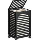 Black Laundry Hamper with Wheels, Laundry Basket with Lid, 22.5 Gallon (85L) Bamboo Wood Clothes Laundry Hamper 2 Section with Handles, Removable Liner