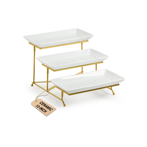 LAUCHUH 3 Tier Serving Stand Porcelain Serving Platter Tier Serving Trays with Collapsible Sturdier Rack, Serving Dishes and Platters for Valentine's Day, Christmas, Entertaining, Gold, 12 Inch