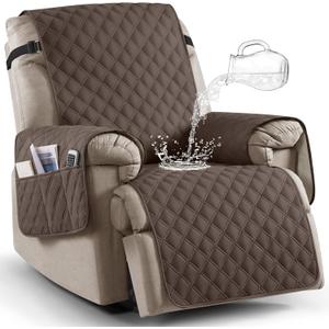 Ruaozz 100% Waterproof Recliner Chair Covers, Non-Slip Reclining Covers for Recliner Chair Washable Chair Cover, Recliner Covers with Pockets for Kids, Dogs, Pets (Brown, 30'')