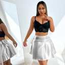 Pleated Flared Skirt Metallic Skater Skirts Shiny Flared Skort Nightclub Stage Performance Costumes Fashion Short Skirts (Silver, XL)