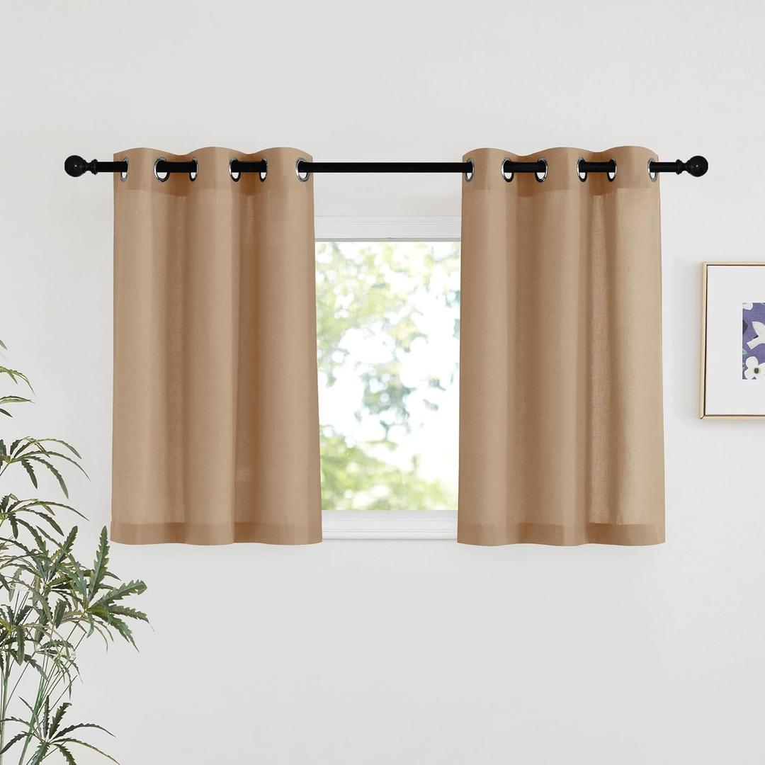 NICETOWN Camel Linen Kitchen Window Curtains Over Sink, Grommet Thick Linen Camel Short Window Treatments Privacy Assured with Light Filtering for Bedroom/Bathroom, W34 x L36, 2 Panels