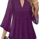VALOLIA Womens Tops 3/4 Sleeve Sparkly Blouses Dressy Casual Elegant Flowy Double Layers Mesh Shirts, M